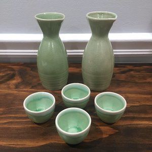Crate & Barrel Celadon Sake Bottle & Cup Set Made in Japan